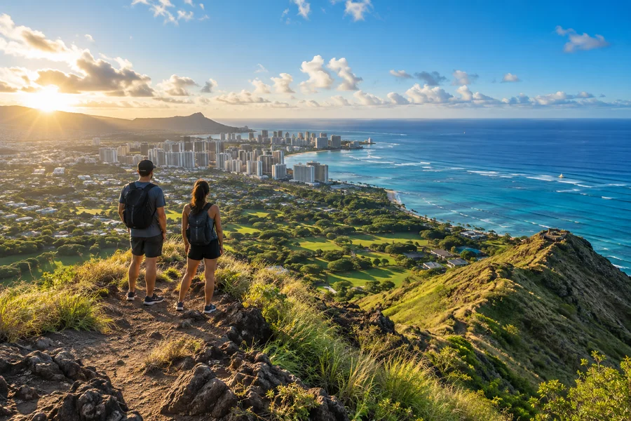 Hikers overlooking Hawaii and the ocean from Diamond Head