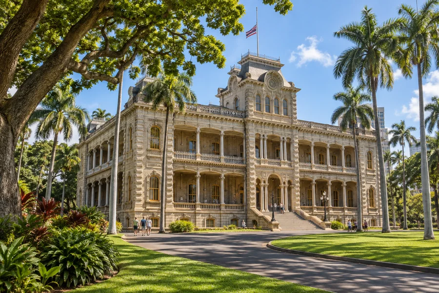 Iolani Palace framed by tropical trees in Hawaii