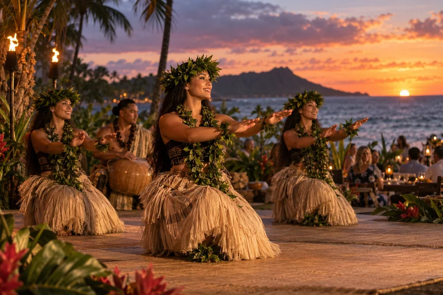 Hula performers at an oceanfront cultural evening