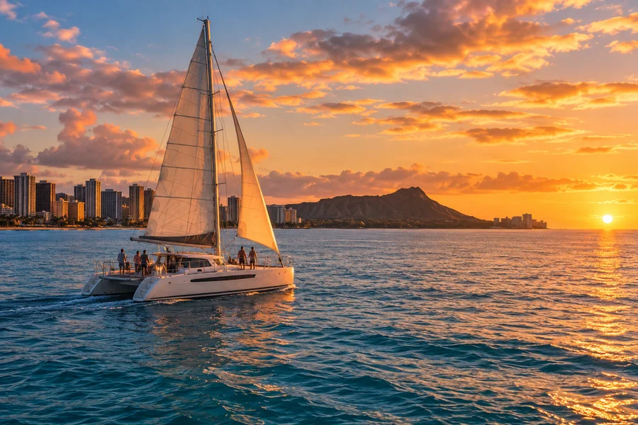 Catamaran sailing off Waikiki at sunset