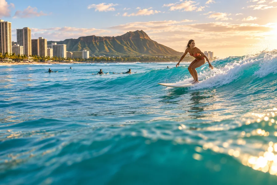 Surfer riding a wave at Waikiki with Diamond Head behind her