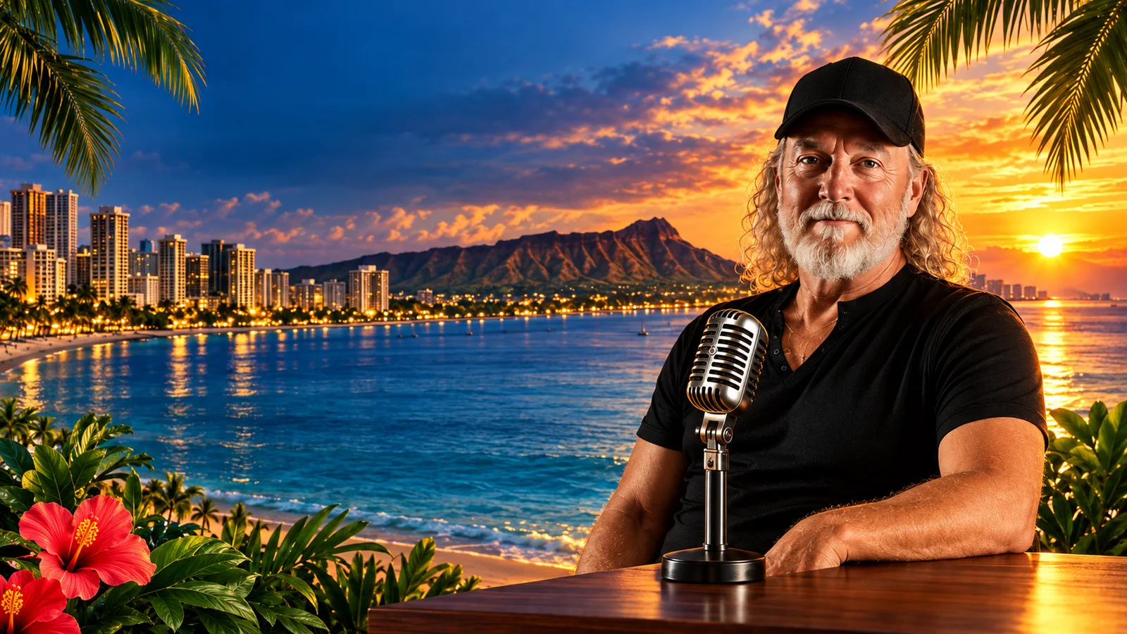 Johnny Nevada with a broadcast microphone overlooking Waikiki